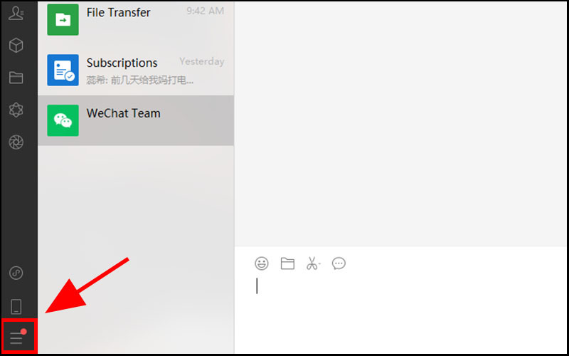  Chọn k&yacute; hiệu 3 gạch ở ph&iacute;a dưới g&oacute;c tr&aacute;i giao diện Wechat tr&ecirc;n m&aacute;y t&iacute;nh.